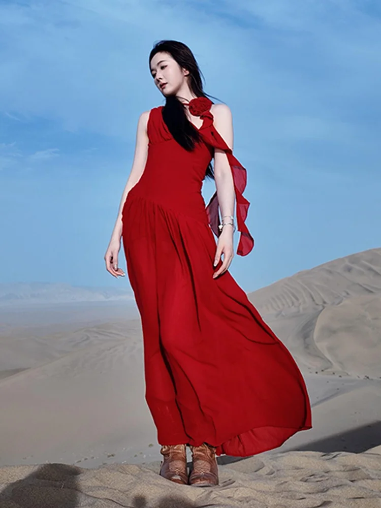 

Женская летняя модная одежда Travel n Long Dr Sexy One-Shoulder Photoaphy Desert Red Dr, цвет Svel