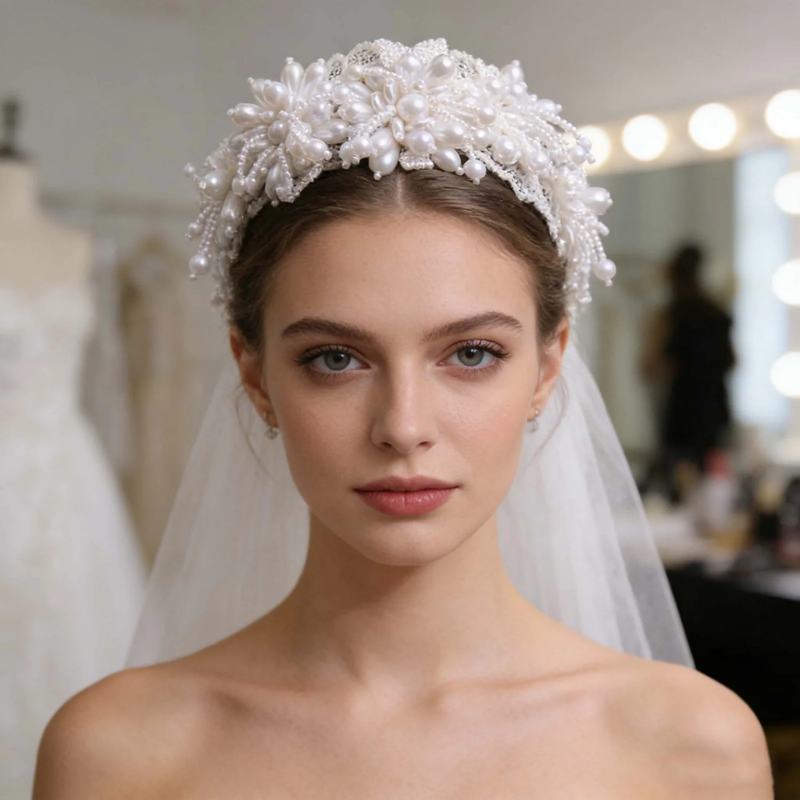 

Luxury Bridal Pearl Hairband Headpiece With Flower Design For Wedding Party