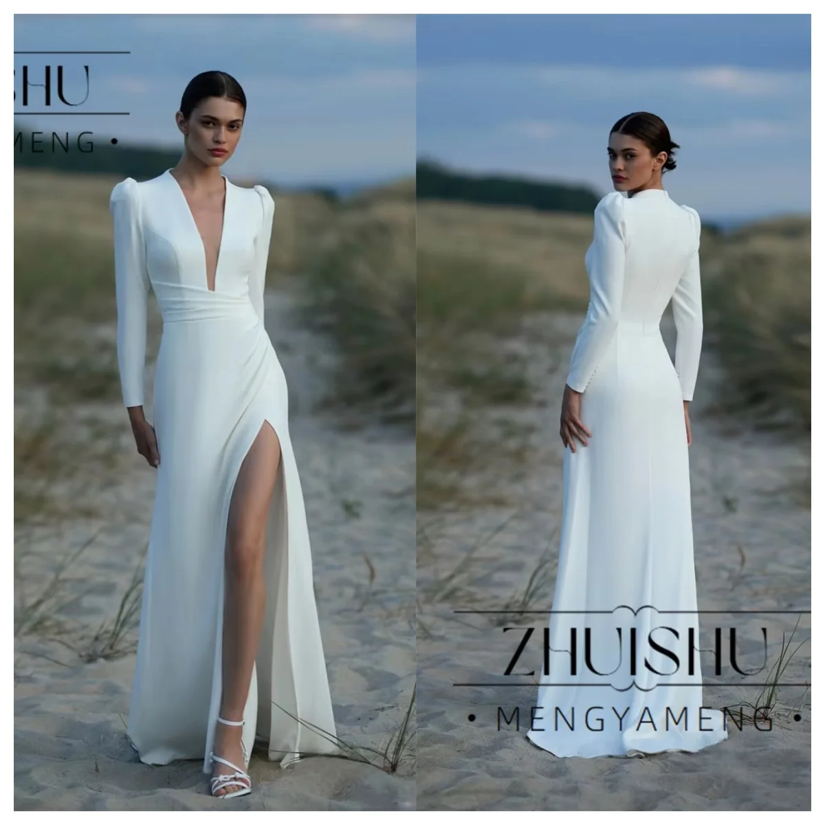ZHUISHU Sexy Long Sleeves Mermaid Wedding Dress Women 2026 Deep V-Neck High Slit Bridal Party Gown свадебное платье Customized