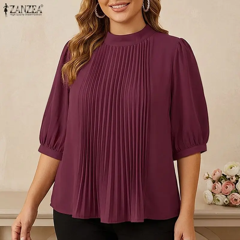 ZANZEA Women Blouses Elegant Stand Collar Pleated Blouses Puff Half Sleeve OL Work Tops Solid Color Summer Blusas Tunic S-3XL