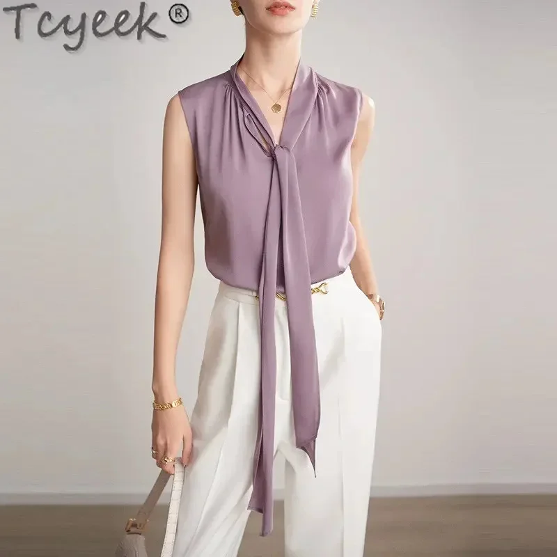 

93%Mulberry Tcyeek Silk Shirt Women's Elegant Blouses 2024 New Sleeveless Lace-up Spring Summer Clothes for Women Blusa Feminina