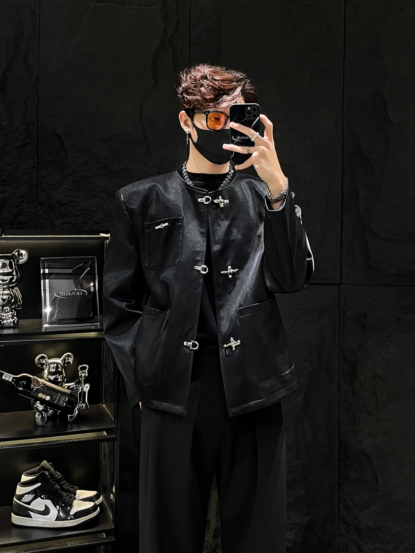 

New Chinese Sle Bla Leather Jaet for Men Smooth Surface No Collar Aviation Bule Sliding Zipper Casual Outerwear