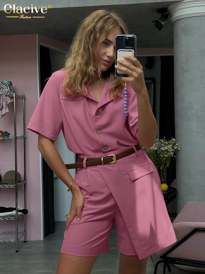 Clacive été ample rose 2 pièces ensemble pour femme 2025 mode chemise à manches courtes avec taille haute Shorts ensemble femme Streetwear