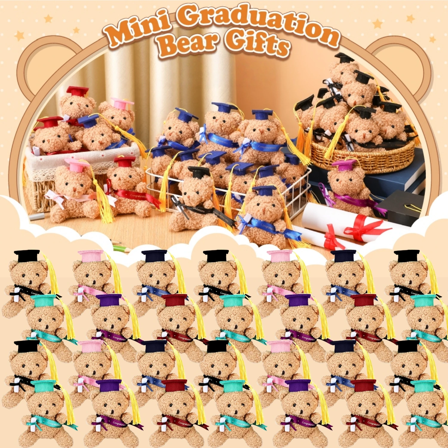 6-100Pcs Mini Graduation Bear Bulk Set Soft Stuffed Bears with Cap, Sash Diploma, Graduation Gift for Preschool Graduation