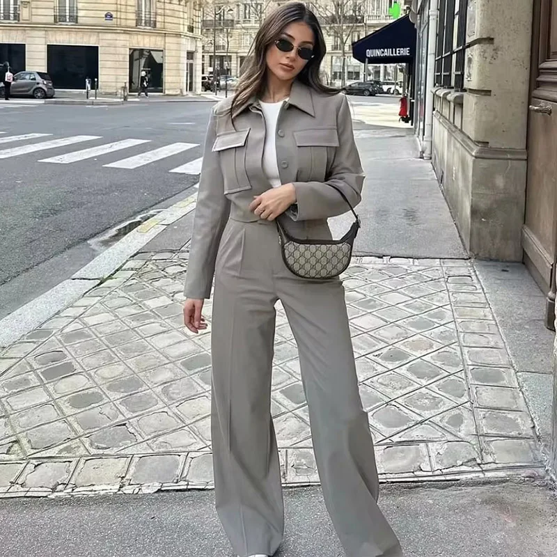 2024 Spring Summer Casual Women Solid Suits Fashion Streetwear Pockets Turn-down Collar Short Jackets+Chic Wide leg pants