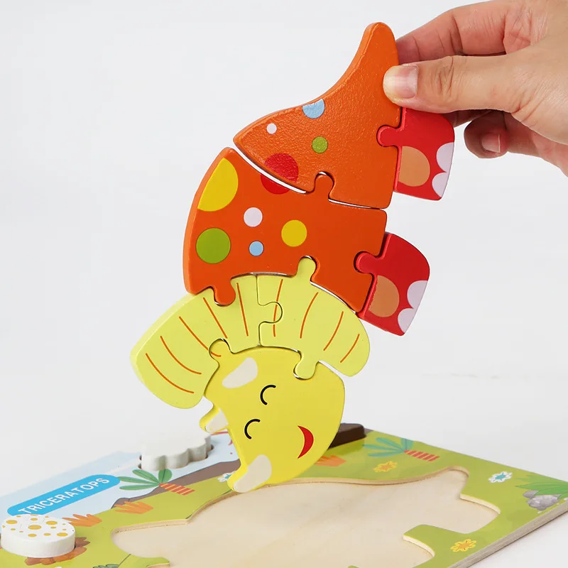 Customized Wooden Montessori Kids Cartoon dinosaur 3D Wooden Puzzle DIY Baby Game puzzle toy