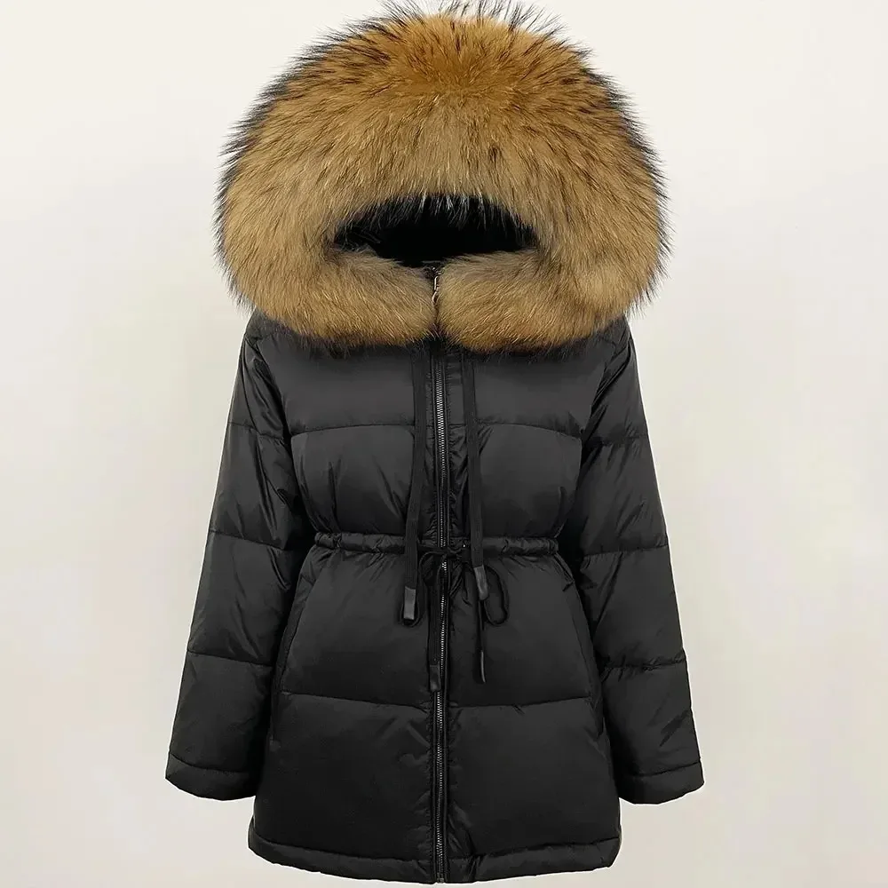 Pelliccia di procione naturale Cappotto di pelliccia caldo Donna Impermeabile 90% Piumino d'anatra Con cappuccio Grande fascia Cravatta Parka Piumino invernale femminile