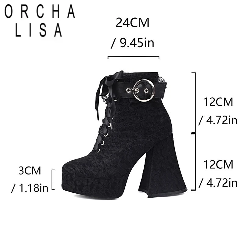 

ORCHA LISA Модные разноцветные женские ботильоны с круглым носком, странные каблуки 12 см, платформа 3 см, шнуровка, пряжка ремня, цветок 42 43 Bota
