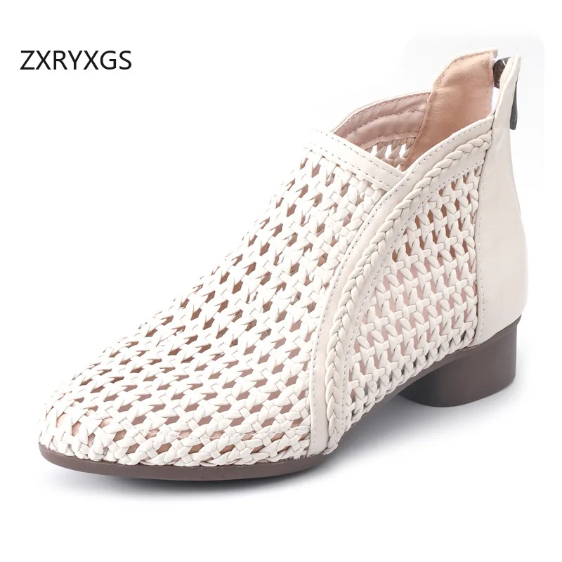 

ZXRYXGS 2026 New Trendy Summer Boots Pointed Cowhide Weaving Hollow Shoes Fashion Sandals Elegant Breathable Cool Boots Big Size