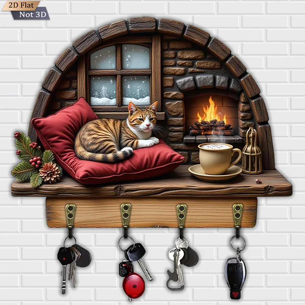 2D Flat, 1pc, Solid Wood Warm Key Hook, Wooden Multifunctional Home Key Hook, with four metal hooks, wall decor, porch decor,