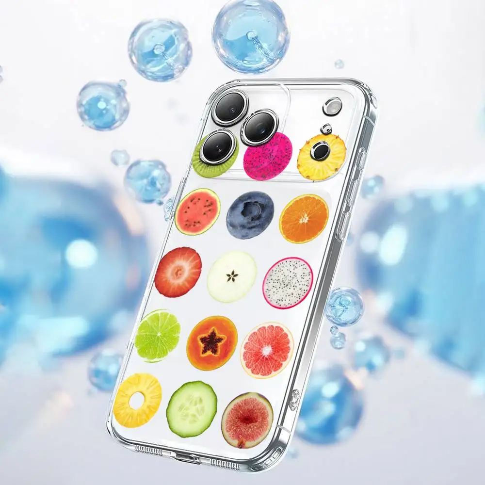 Etui na telefon iPhone 17, 16, 15, 14, 13, 12, 11 Plus, Pro, Max, Plus, E, SE4, Air, Mini, przezroczyste, letni wzór owocowy, kolaż.