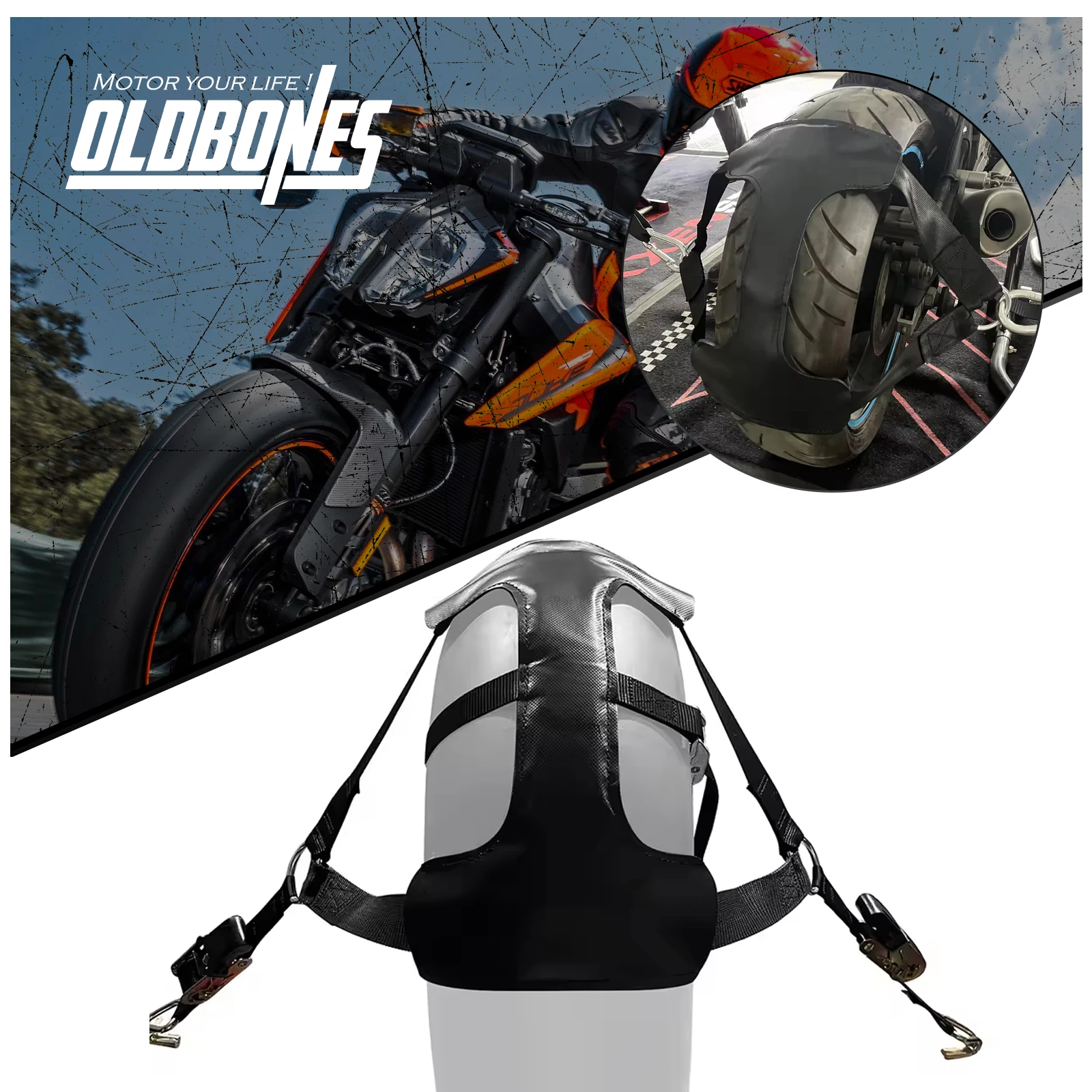 Oldbones Motorcycle Rear Wheel Holder Tire Chains Harness Belt Towing Strap Tie Down Heavy Duty Black Strap With Ratchets