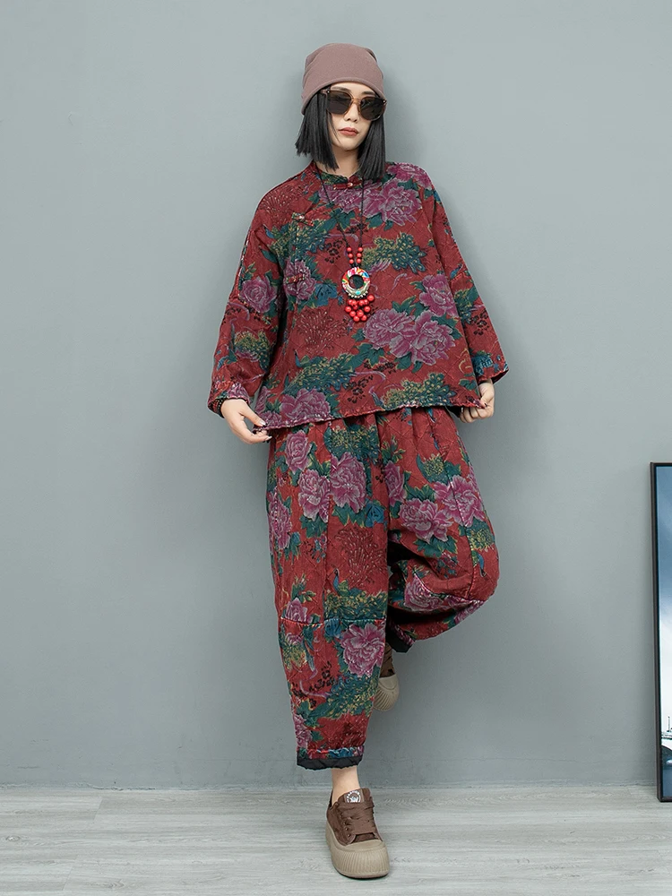 2024 Autumn Chinese Style Peony Flower Pant Set Vintage Cotton Linen Double-layer Long Sleeved Shirt + Pant Two-piece Set LX2424