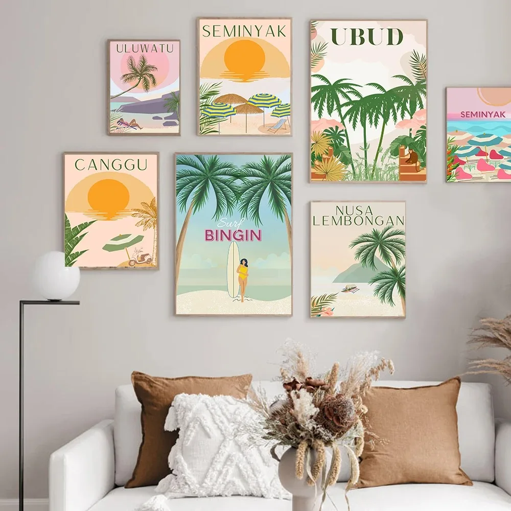 Carteles de lienzo de arte de pared de paisaje, impresiones nórdicas, imágenes de pintura de mar de playa de Bali de viaje para sala de estar moderna, decoración del hogar