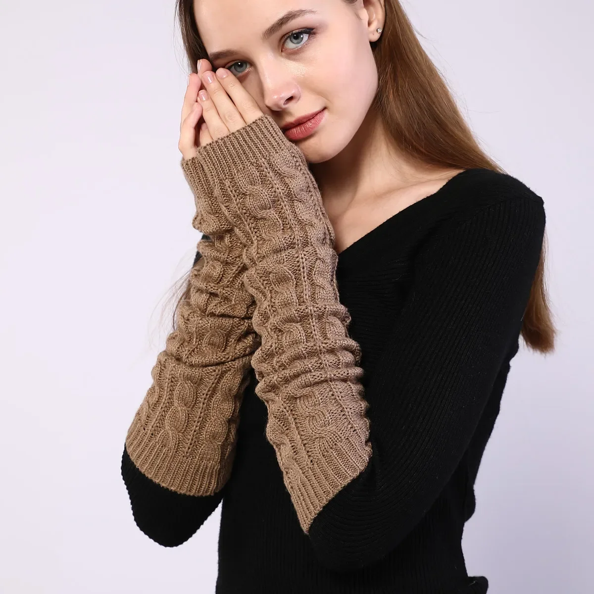 Women\'s Autumn Winter Woolen Fingerless Gloves Long Knitting Warm Cover Arm Warmers Sleeve for Women