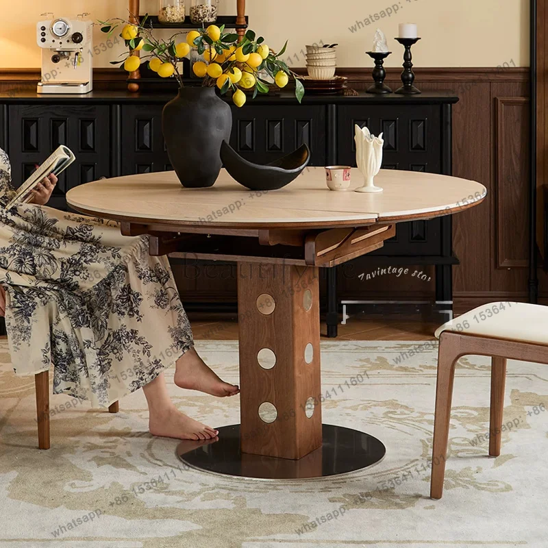 Medieval solid wood round folding dining table and chairs Bauhaus rock slab variable round table