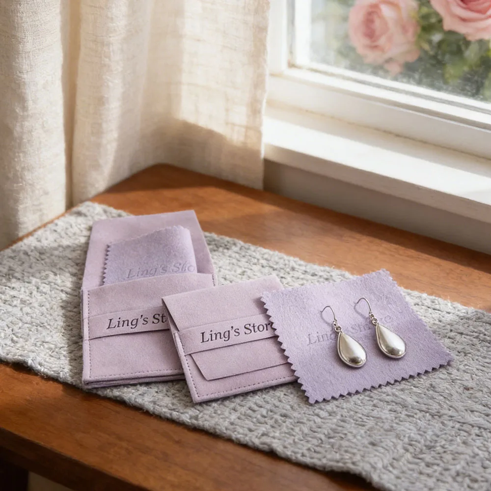 

24/50/100Set 8x 8cm Violet Microfiber Jewelry Pouch with Band Gift Packaging Luxury Small Bag With 8x8cm Silver Polishing Cloth