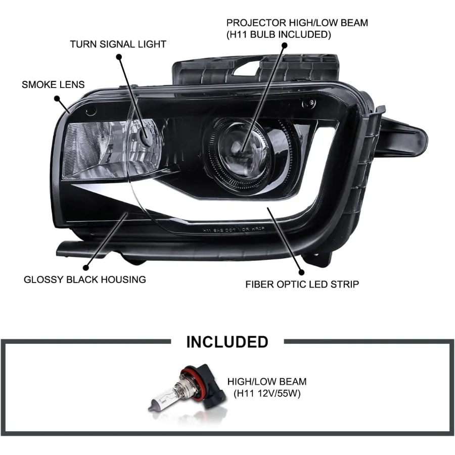 Glossy Black Smoke Projector Headlights w LED Tube Light Bar Compatible with 2010-2013 Chevy Camaro Left + Right Pair Headlamps