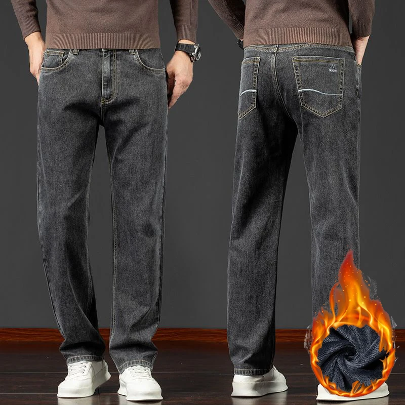 

Мужские осенне-зимние утолщенные джинсы на флисовой подкладке, мужские элегантные повседневные теплые облегающие джинсовые брюки, удобные свободные прямые брюки