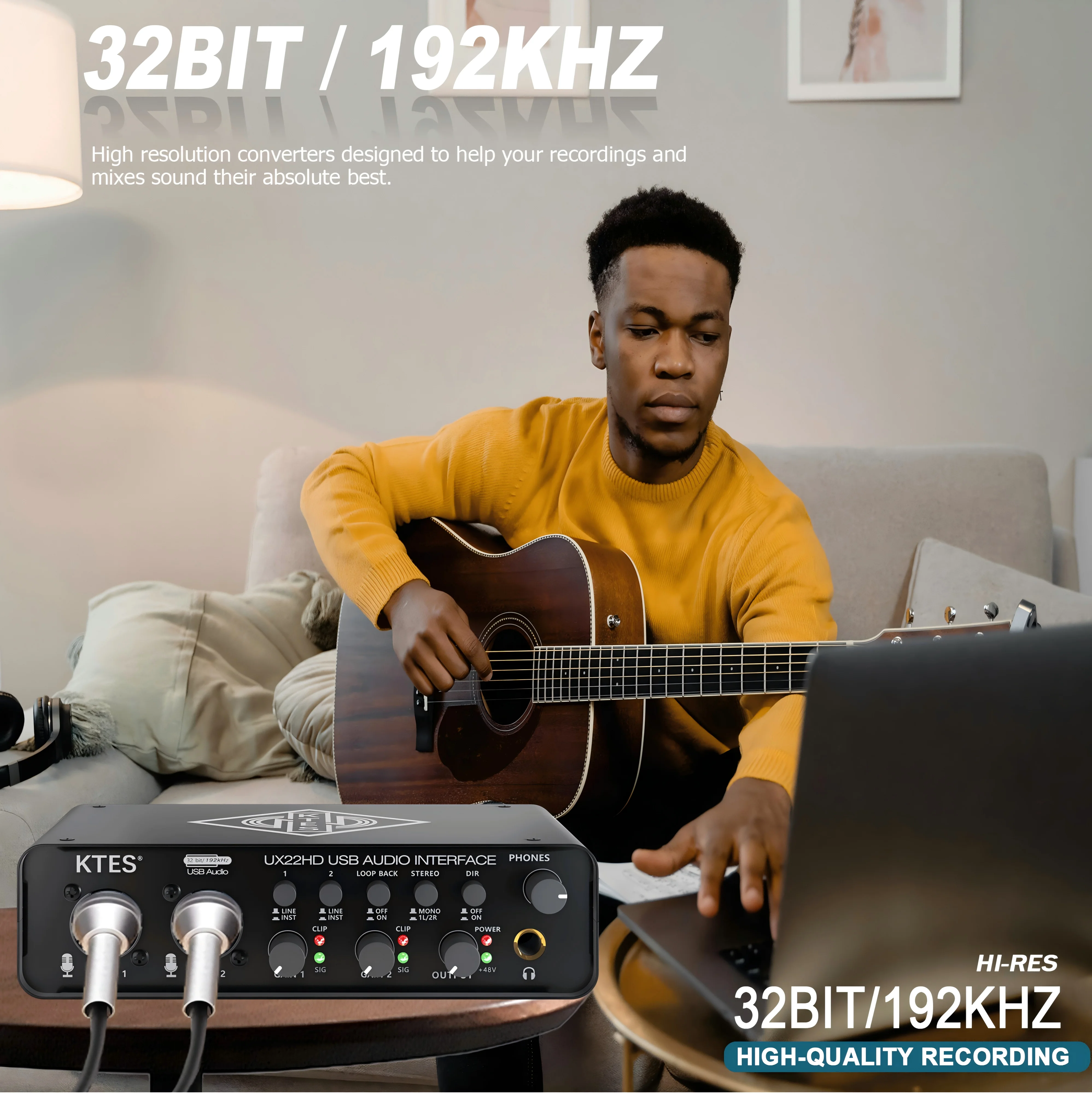 UX22 Audio Interface 192kHz 32-Bit USB Sound Card for Studio