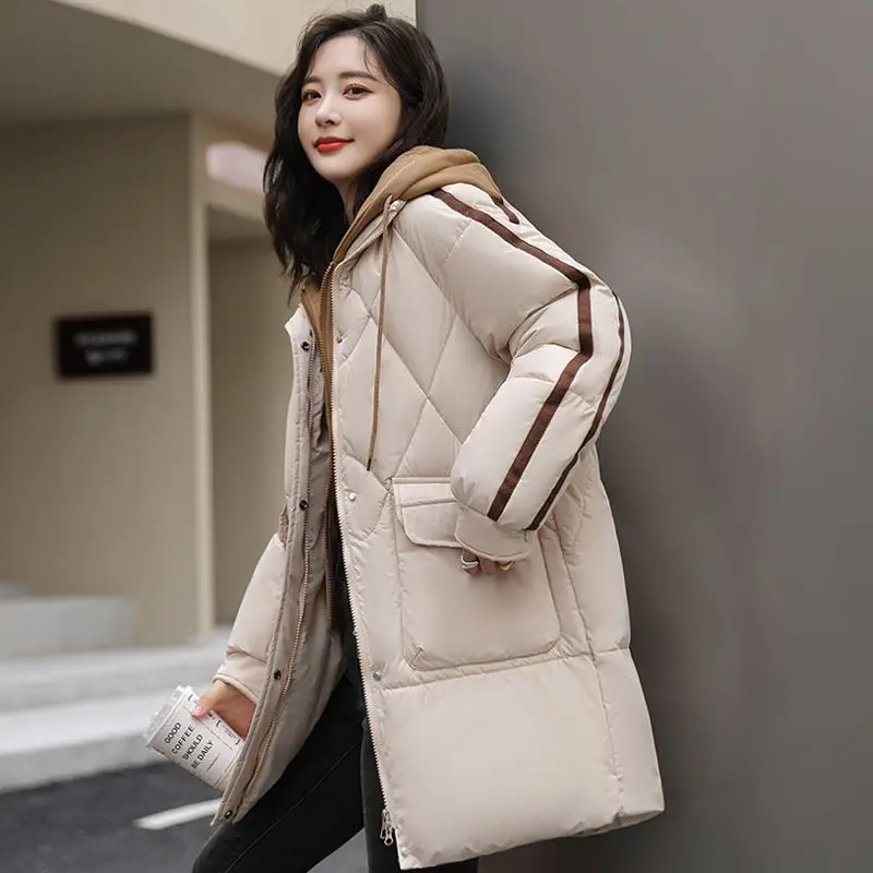 Roupas femininas falso bloco de cor de duas peças inverno grosso plus size para baixo jaqueta de algodão de comprimento médio casaco de algodão quente outerwear