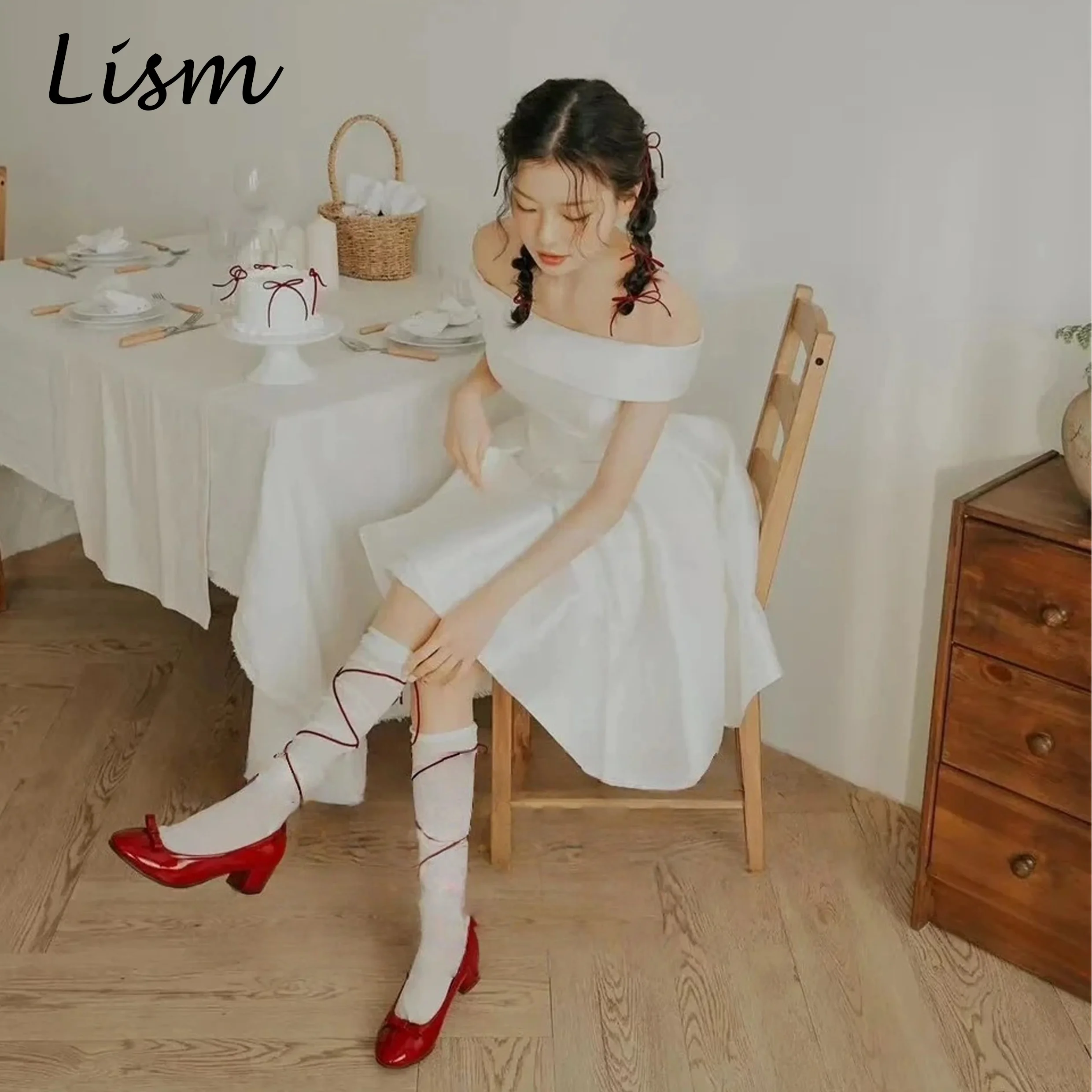 

Lism Gorgeous Boat Neck Satin A Line Korea Wedding Dresses Photos Shoot Off The Shoulder Princess Short Bridal Gowns Customized