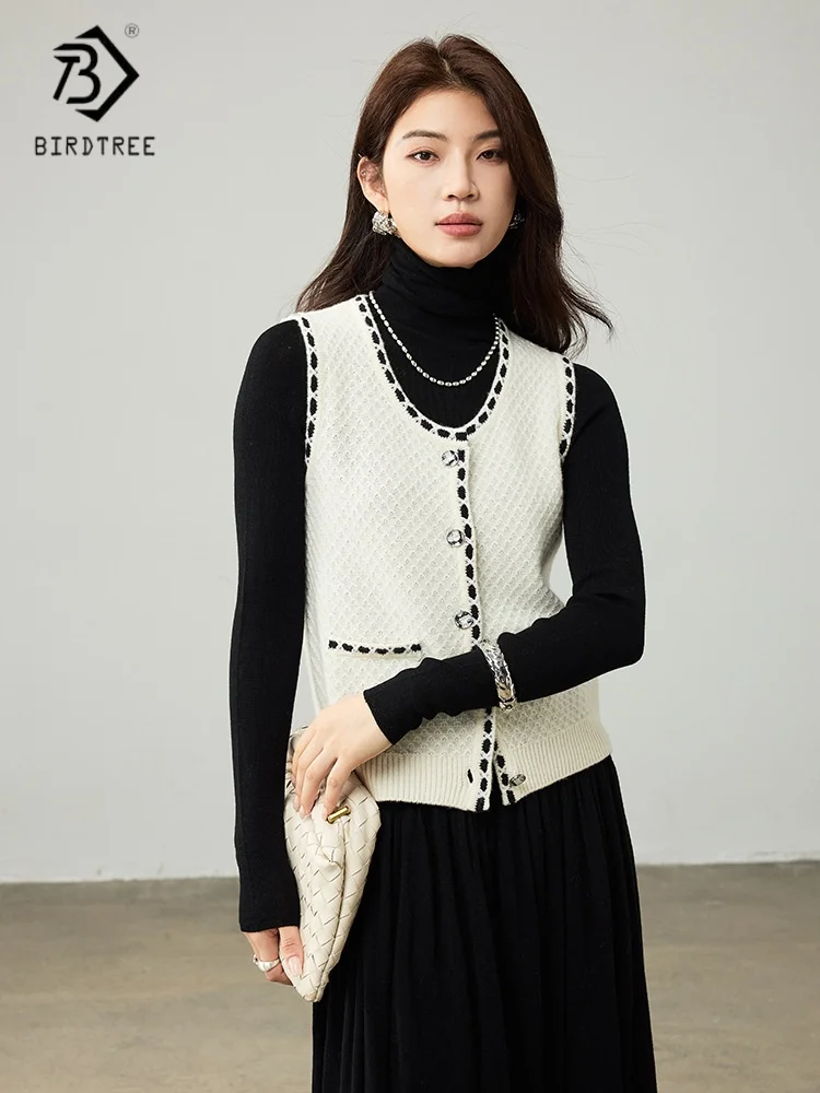 

Birdtree 100% Merino Wool Knitted Vest,Woman Jacquard Sleeveless Single Breasted Cardigan,2025 Autumn Loose Waistcoat T59014JF