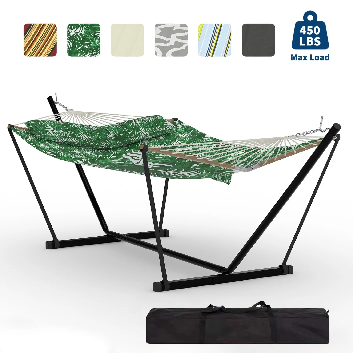 12FT 2 Person Outdoor Hammock with Stand, 450LBS Capacity, Heavy Duty Hammock with Carrying Bag & Soft Pillow, Portable Indoor Outdoor Hammock, Perfect for Backyard Patio Beach