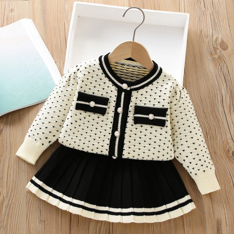 Girls' Sweater Set 2024 Autumn and Winter New Small Fragrant Children's Knitted Cardigan + Skirt Two-piece Set