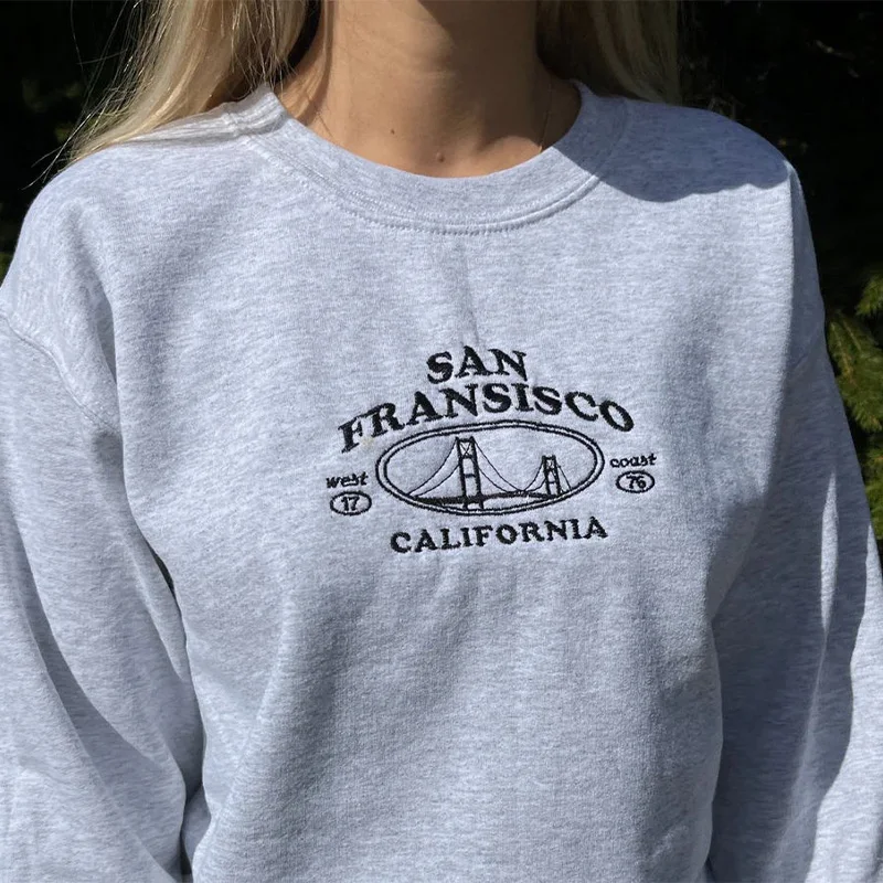 San Fransisco Golden Gate Bridge pullover bordir wanita abu-abu longgar katun tebal musim gugur pakaian gaya Retro Sweatshirt