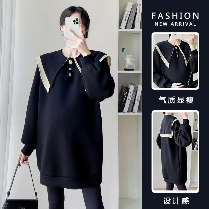 Sweet Autumn Dense Black Maternity Hoodies Oversize Loose Cape Sweatshirts Clothes for Pregnant Women Fashion Pregnancy Tops