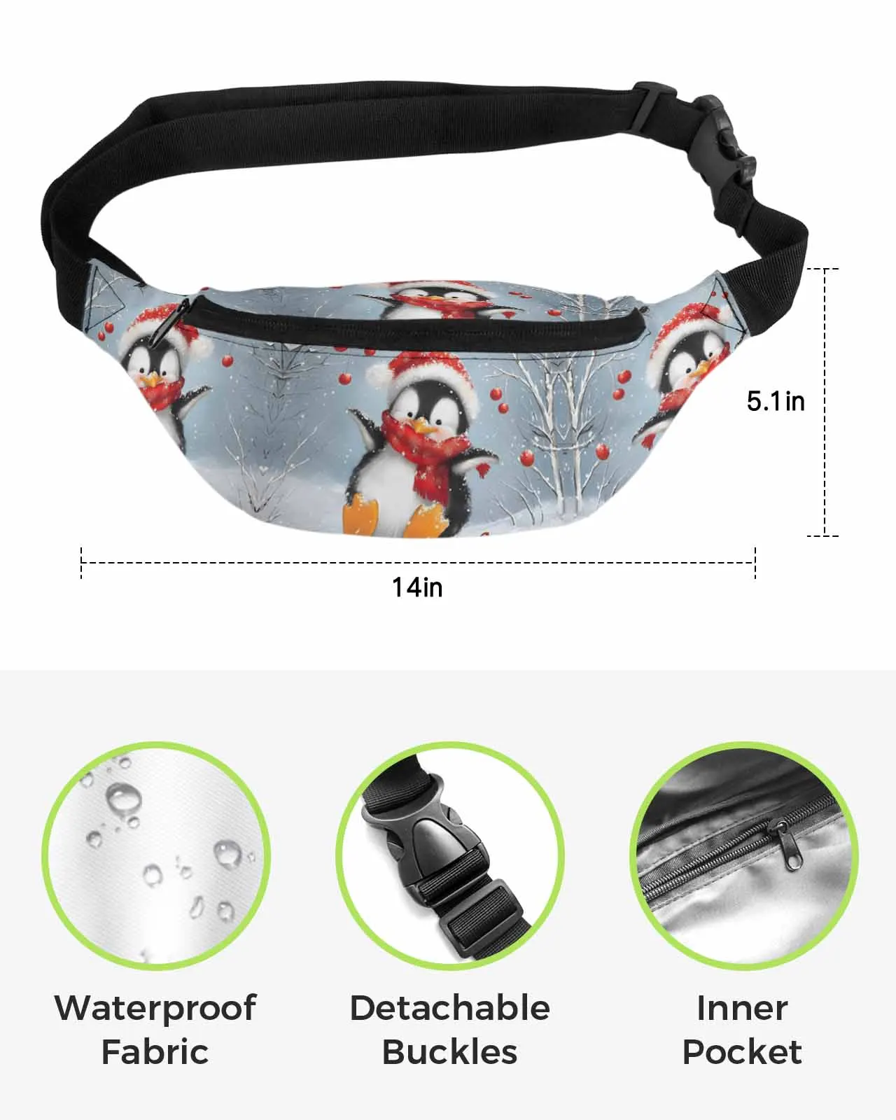 Christmas Bird Penguin Oil Painting  Men Women Waist Bag Fanny Pack Phone Belt Bag Wallet Pouch Waterproof Banana Hip Bags