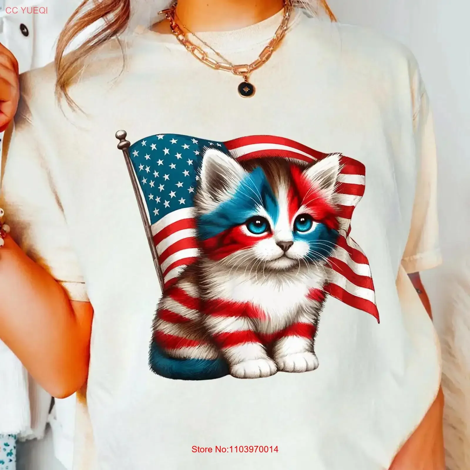 T-shirt Chaton Patriotique Rouge Blanc Bleu USA Fierté Vintage Lavé Polyvalent Extensible Unisexe Tendance Mode Respirant