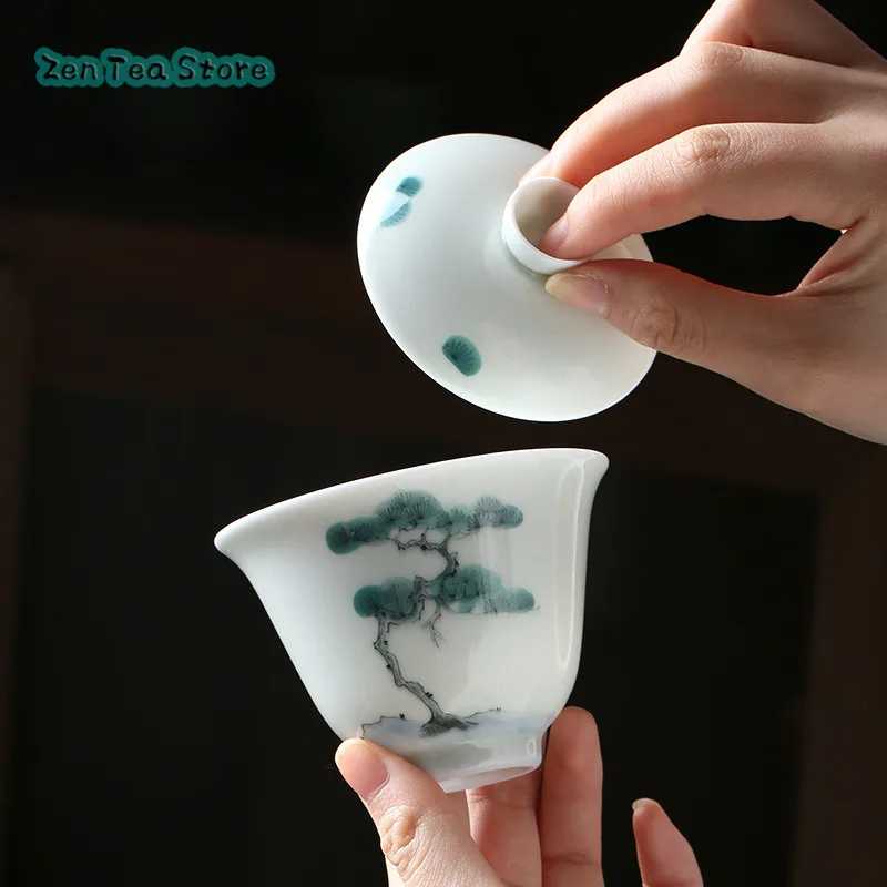 Dehua White Porcelain Hand-painted Pine Tree Three Cover Bowl Under Glaze Color Kung Fu Tea Set Chinese Tea Bowl For Home Use