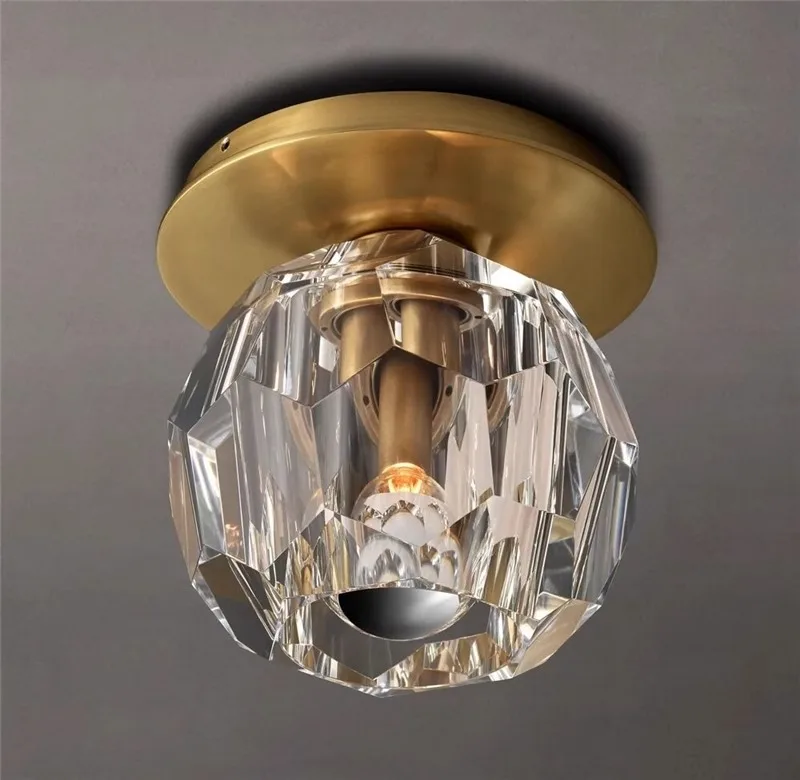 North AmericanRetro Minimalist Ins Solid‑BrassLuxury Crystal Flush Mount Light for Entryway Hallway BalconyFoyer Home Decor Lamp