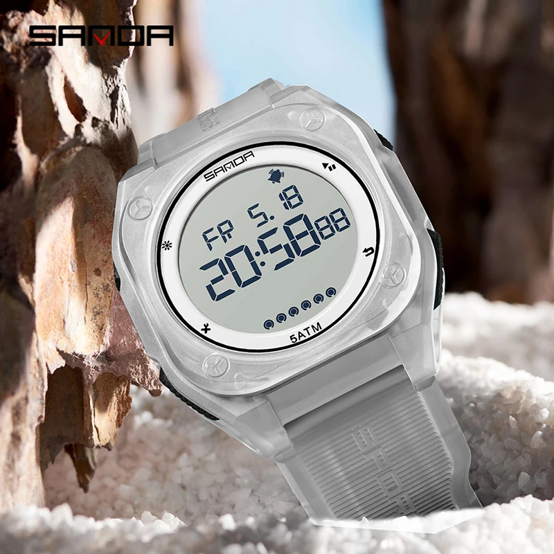 SANDA 6303 الرياضة في الهواء الطلق موضة الساعات الإلكترونية للرجل التقويم مضيئة مقاوم للماء سيليكون حزام الرجال ساعة رقمية