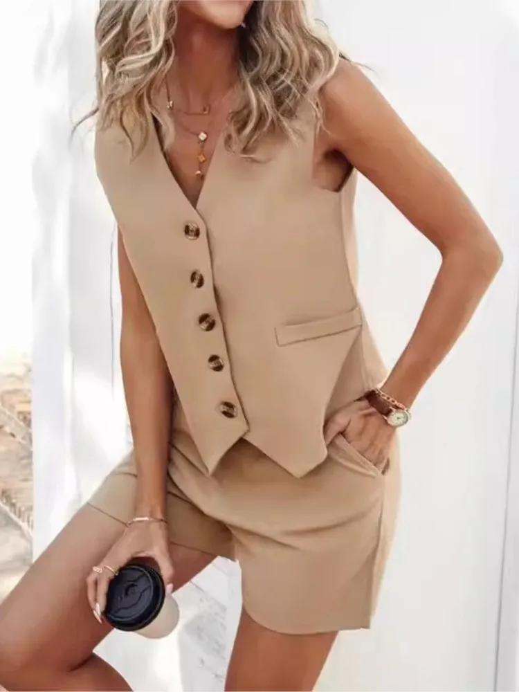 

Women's Solid Set Fashion Sleeveless V Neck Button Suit Tops+Shorts Two Piece Sets For Women Elegant Office Womens Clothing New