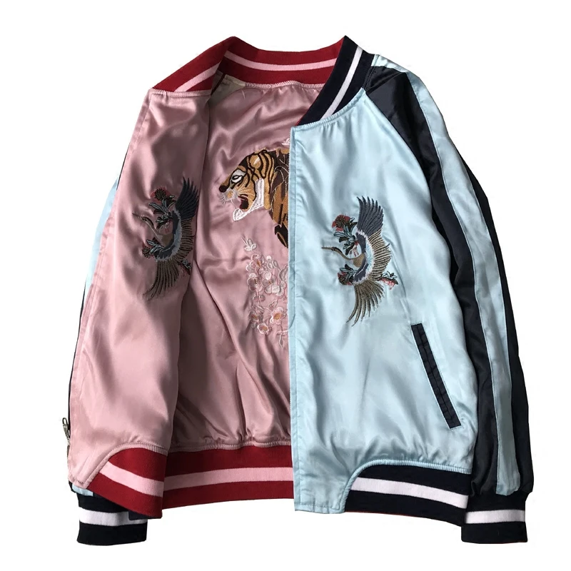 2023 Spring Reversible Tiger Embroidered Coat Women's Satin Baseball Jacket Loose BF Student Bomber Jacket Korean