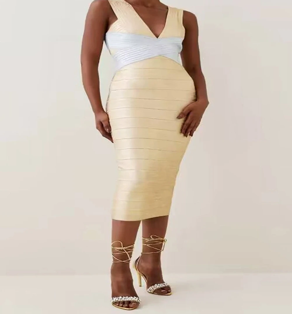 

High-end light luxury fashion brand women's simple knitted gold and silver hot stamping V-neck backless bandage dress-GZXX1362