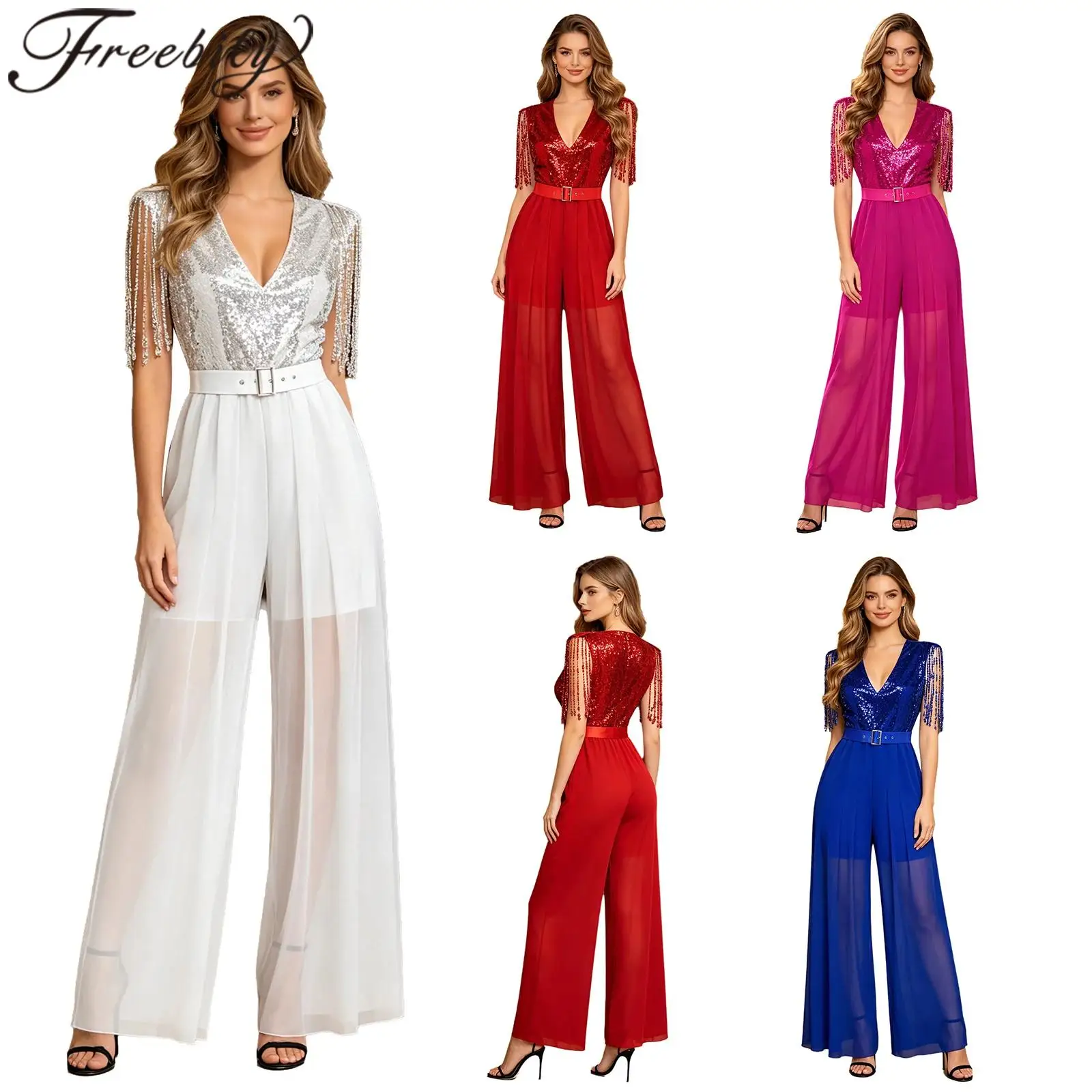 Women V Neck Dressy Tassel Sequin Jumpsuits Romper Wide Leg Fringe Jumpsuit Evening Disco Outfit Cocktail Club Party Costume