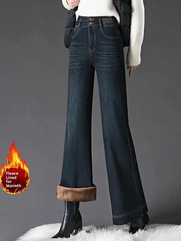 

plus Size Mom Winter Thickened Fleece Lined Bell Bottom Jeans Warm Wide Leg Denim Pants Slimming Straight Leg Casual High Waist