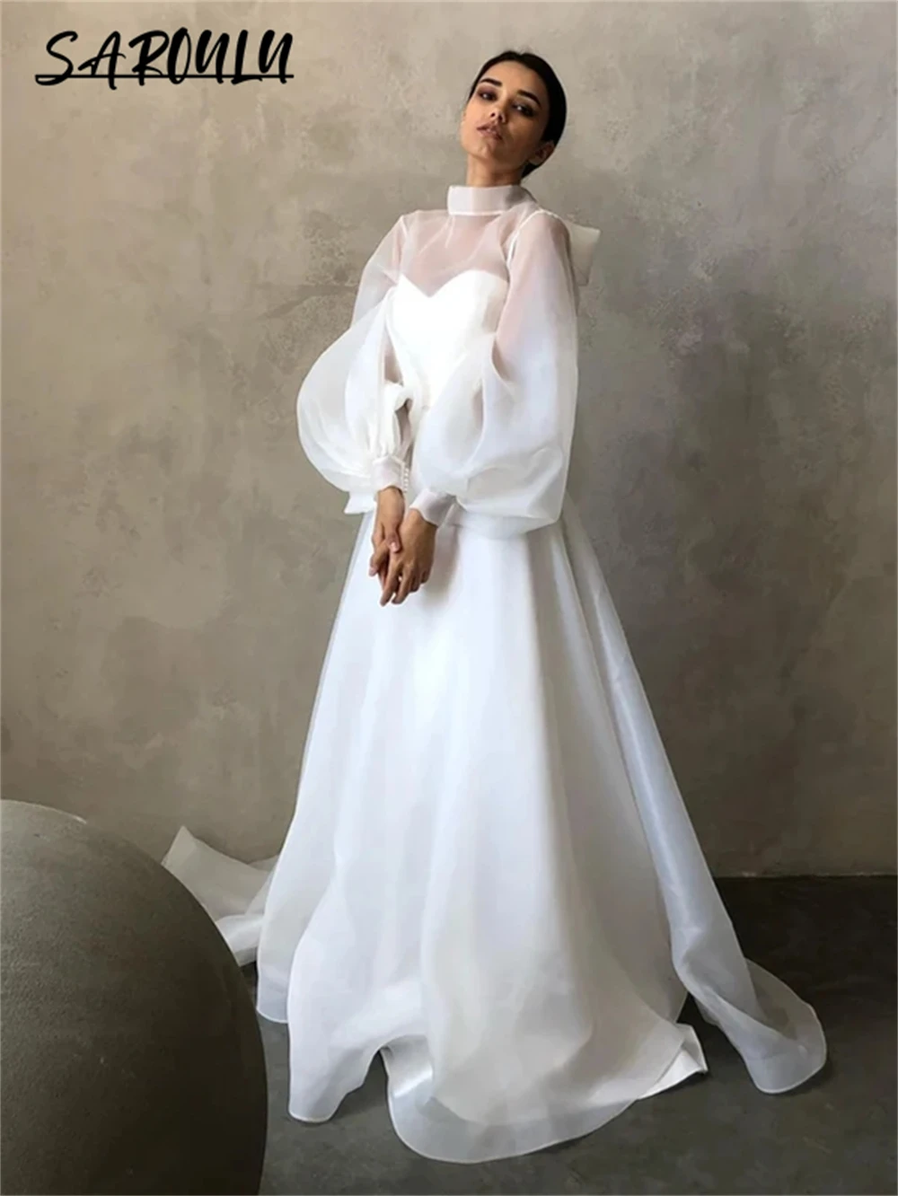 Robe de mariée A-Line en organza moderne, robes de mariée classiques, manches longues bouffantes, robe de patients, col haut, haute qualité