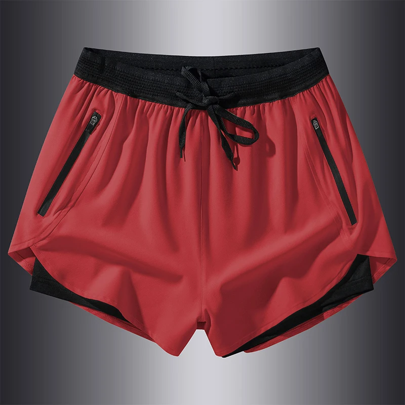 Summer Men Thin Style 2024 New Fake Two Pieces Solid Color Elastic Waist Zipper Pants Casual Motion Drawstring All-match Shorts