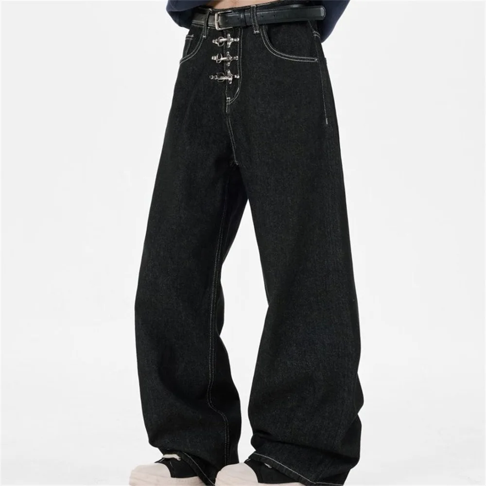 MWJLPWQ Men's Denim Trousers High Street Fashion Metal Buckle Unique Design Niche Style Loose Straight-Leg Jeans Autumn 20130
