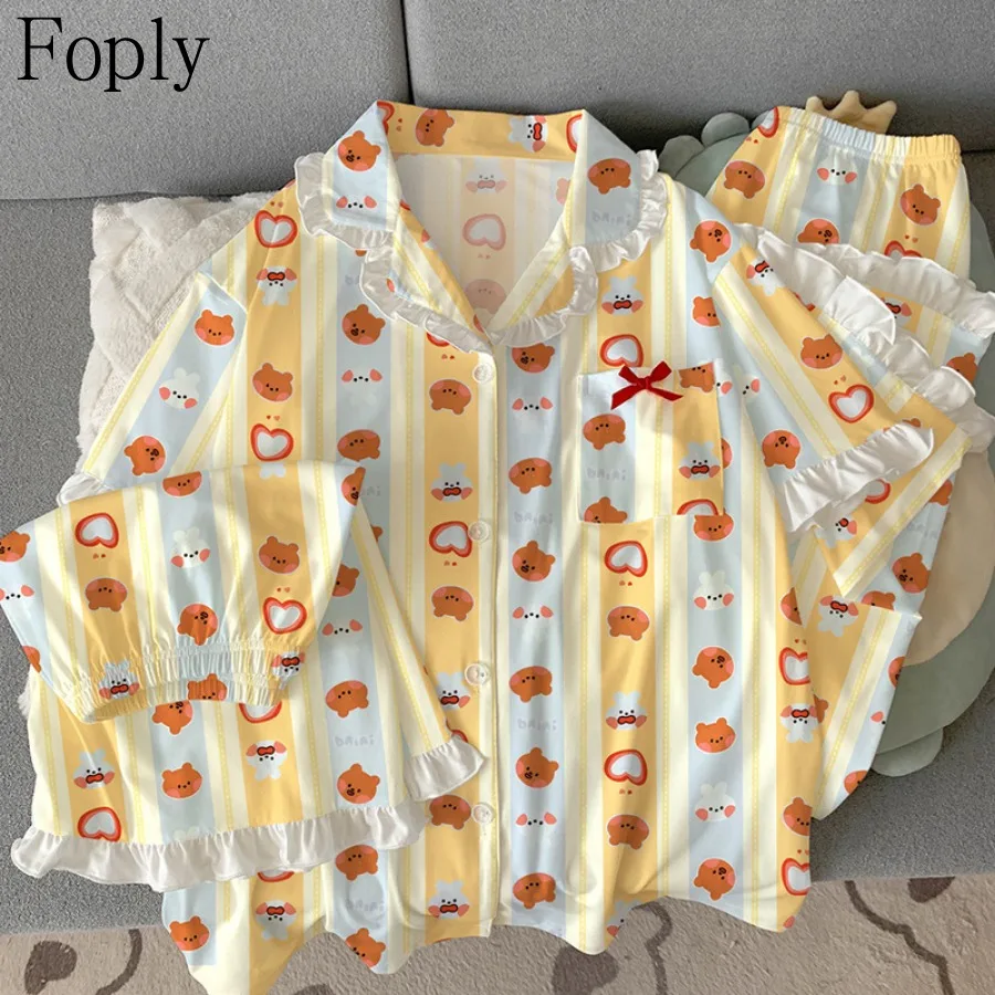 Three-Piece Woman Pajama Set Cartoon Print Summer Imitation Cotton Pyjama Sleepwear Short Sleeve Pants Pijama Pjs Loungewear