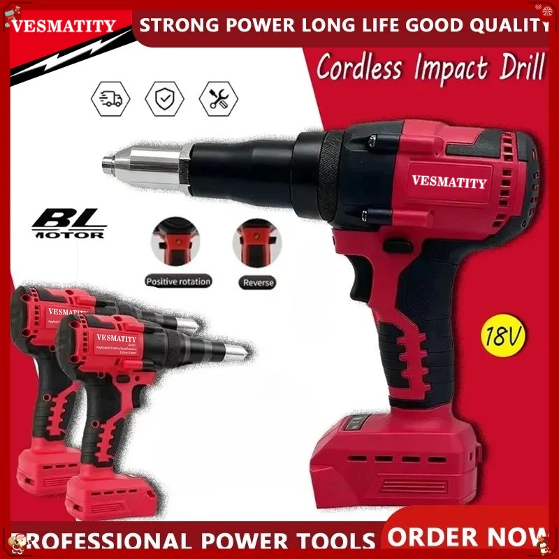 Cordless 4.8MM Rivet Gun Brushless Electric Riveter Gun Automatic Riveter With LED Light Tool Fit Milwaukee Battery