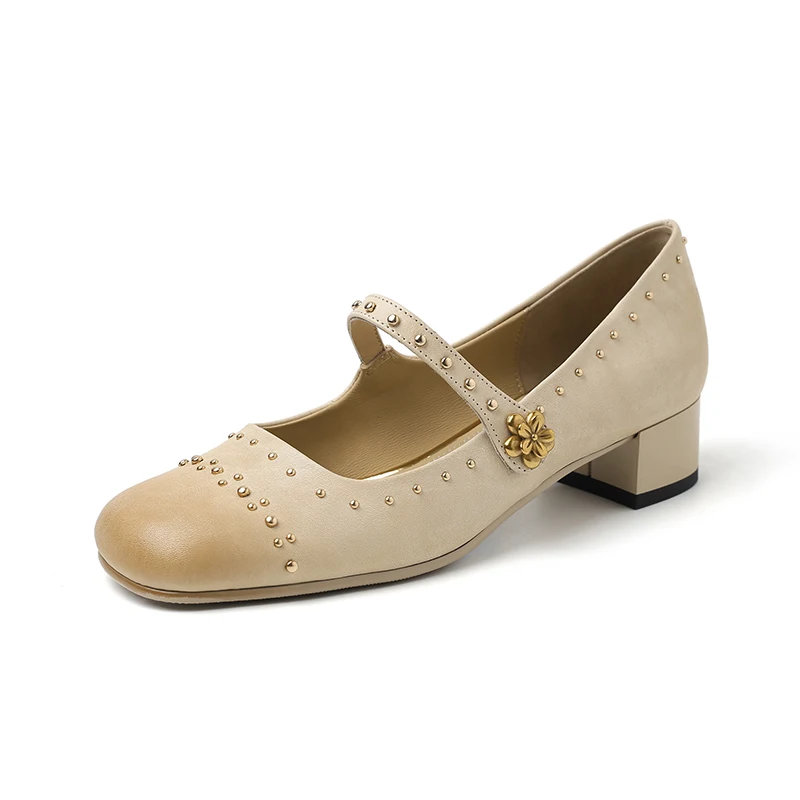 Ladies Pumps Cowhide Women Retro Mary Jane French Style One Strap Shoes Spring Atumn Dress Rivets Pumps Simple Shoes Square Heel