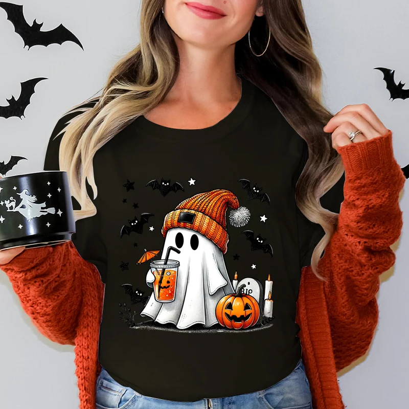 Halloween Ghost Pumpkin Bat Print Summer Casual T-shirts For Women O Neck Short-sleeved T-shirts Halloween T-shirt