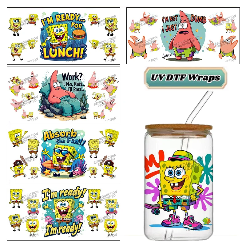 Funny Cartoon Sponge Starfish UV DTF Cup Wrap Waterproof Cold Transfer Sticker for 16oz Libbey Glass Can DIY Gift Decor