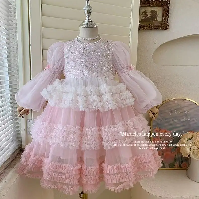 Girls' Dress 2026 Autumn New Style Children's Princess Skirt Long Sleeved Heavy Duty Fluffy Skirt Mesh Cake Dress